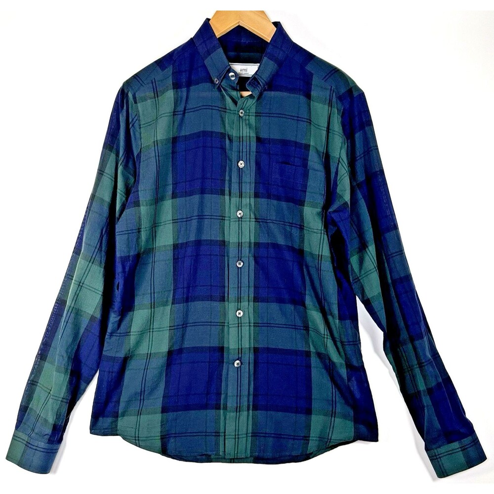 Ami Paris Shirt Mens 39 Green Navy Plaid Check Button Down Designer Classic